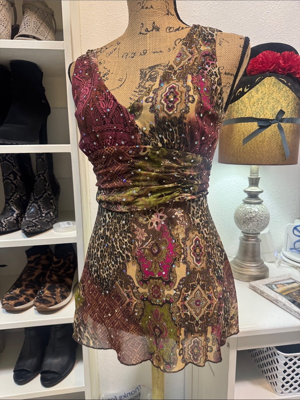 Multicolor V-Neck Dress with Leopard Print